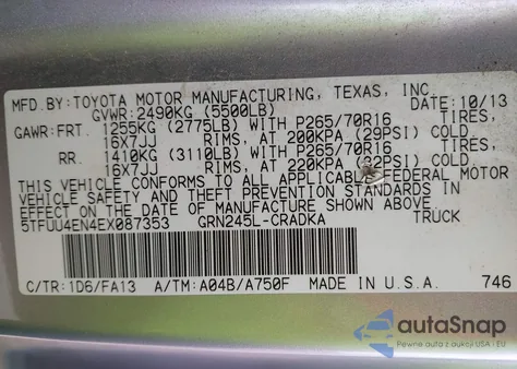 2014 Toyota Tacoma Base V6 z USA, uszkodzony, nr VIN 5TFUU4EN4EX087353